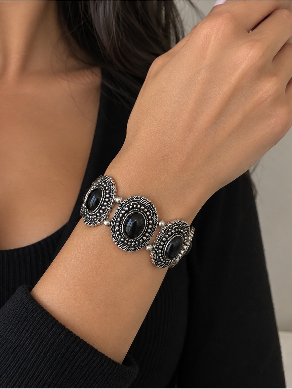 Silver-Tone Black Stone Statement Bracelet